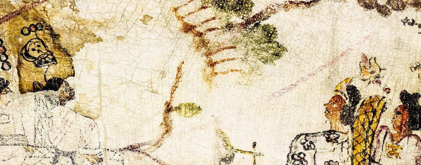 A piece of leather on which are printed human beings far right and a skull far left It is a sort of family tree with topografical features